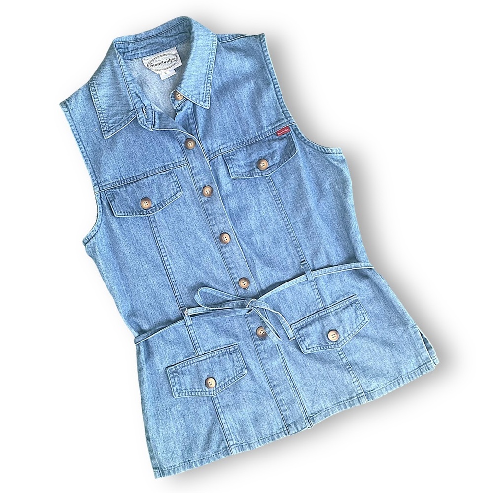 Vintage Sleeveless Light Wash Denim Button-Front Vest with Tie